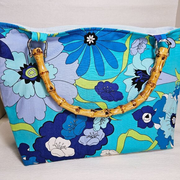Handbag Blue Tropical Floral Fabric Summer Bamboo Handles Rachel & Co NY - Picture 2 of 9